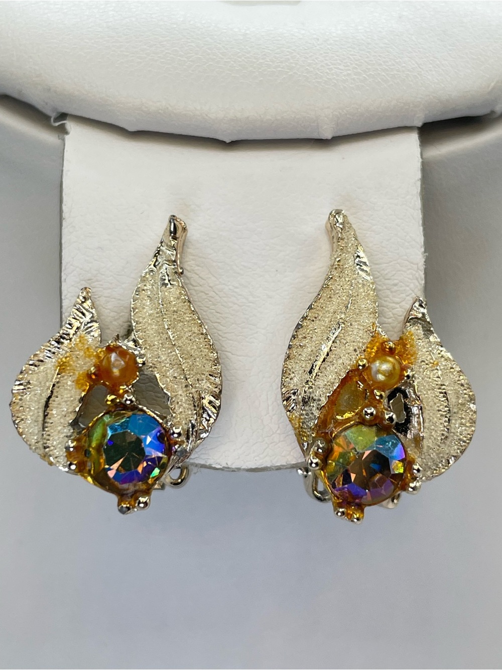 Vintage Gold Tone AB Crystal Floral Clip On Earrings Retro Glam